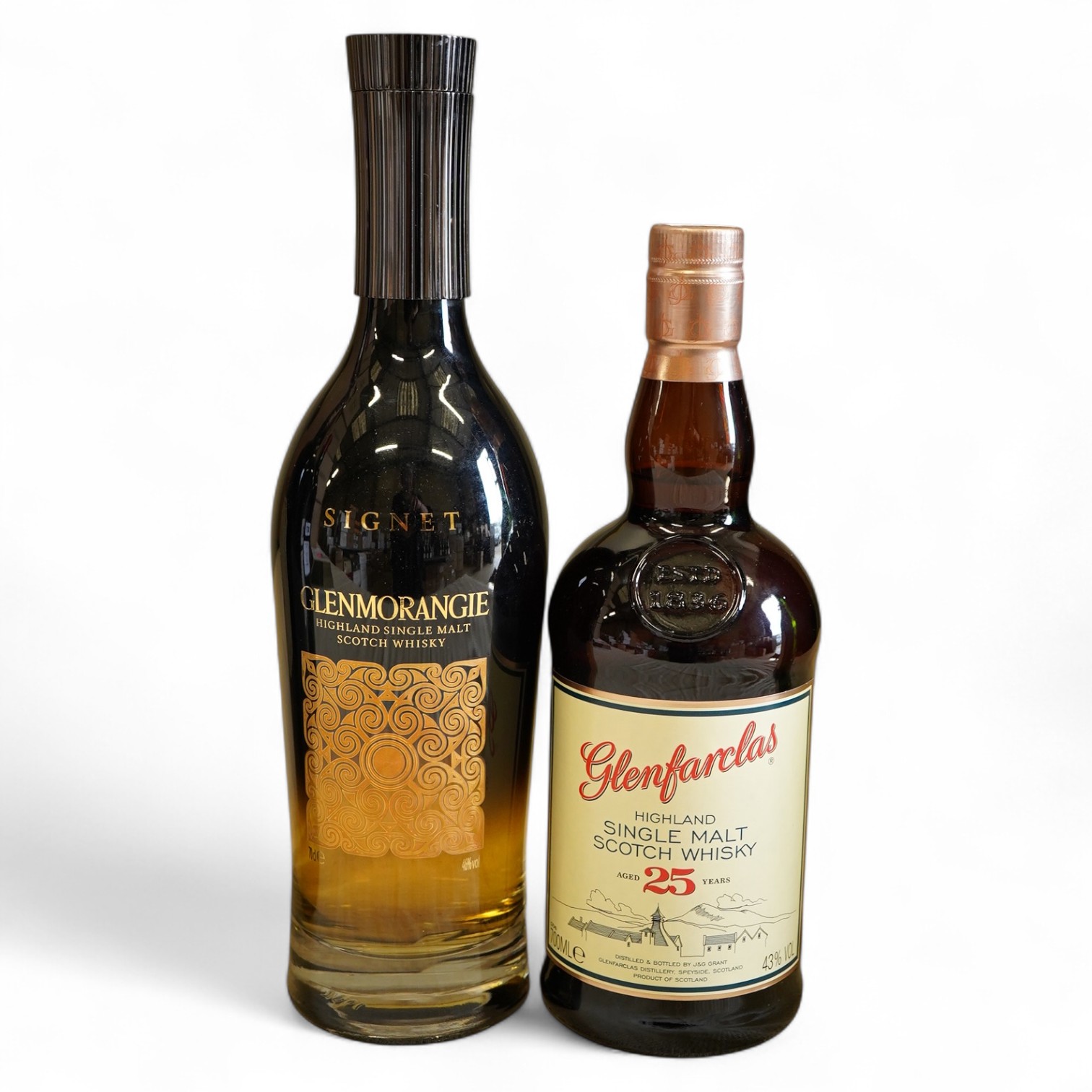 Whisky: 1 x Glenmorangie Signet, 46% abv, 70cl; 1 x Glenfarclas Single Malt 25 year old, 43% abv, 70cl (2)